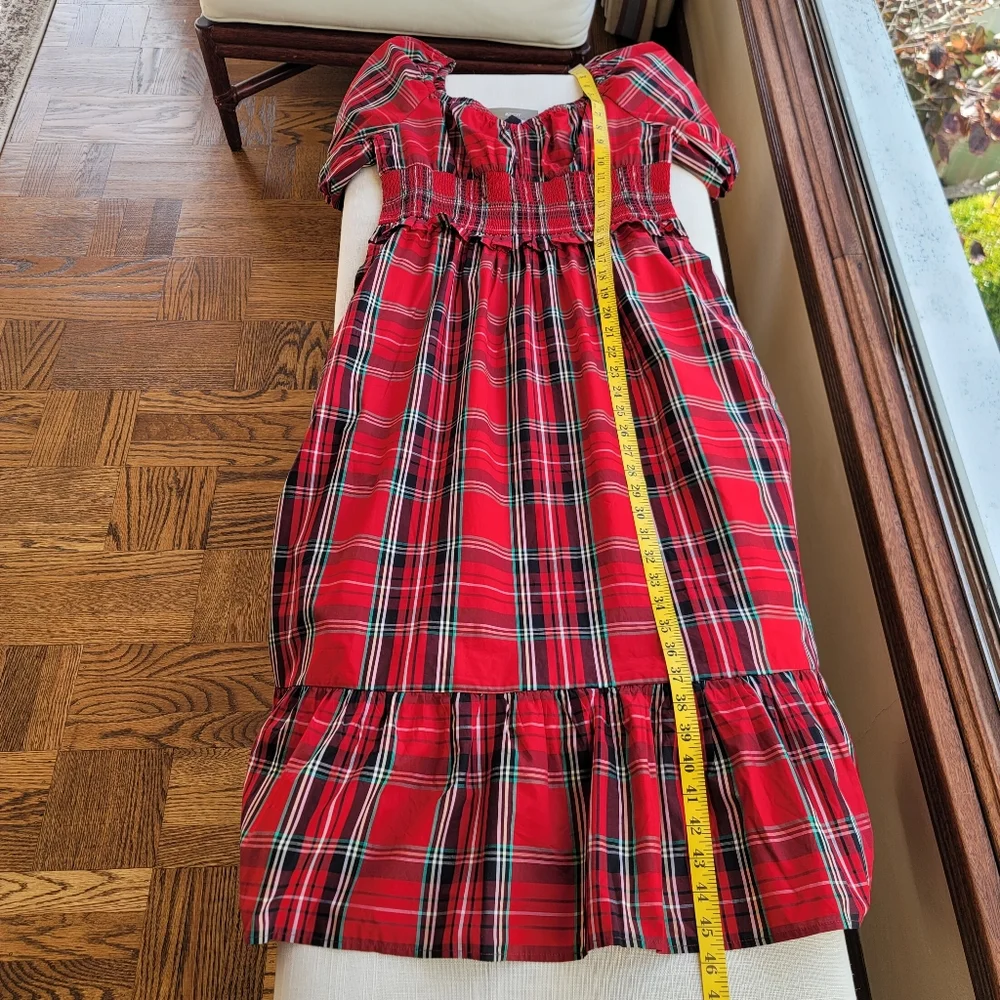 New! J.Crew sz Medium M Red Tartan Plaid Smocked Midi Dress NWT